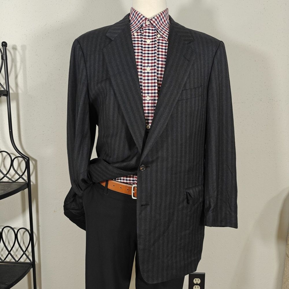 Hickey Freeman Men's Flannel Sport Coat Blazer Two Button Black Striped Wool 44R